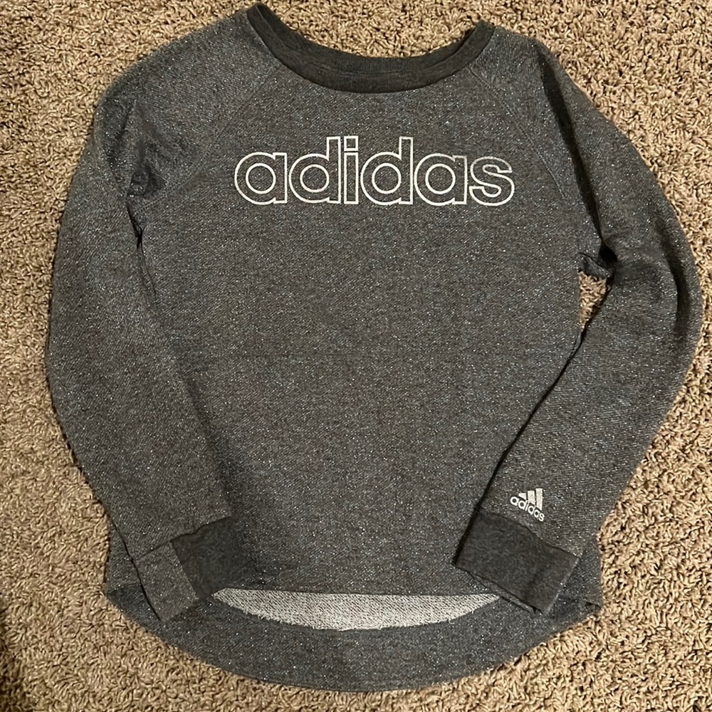 Adidas gray & silver sparkly sweater with front pocket & thumb holes med 10/12